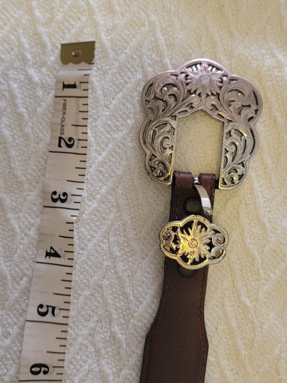 Vintage Western Floral Engraved Silver Buckle Brown Leather Belt